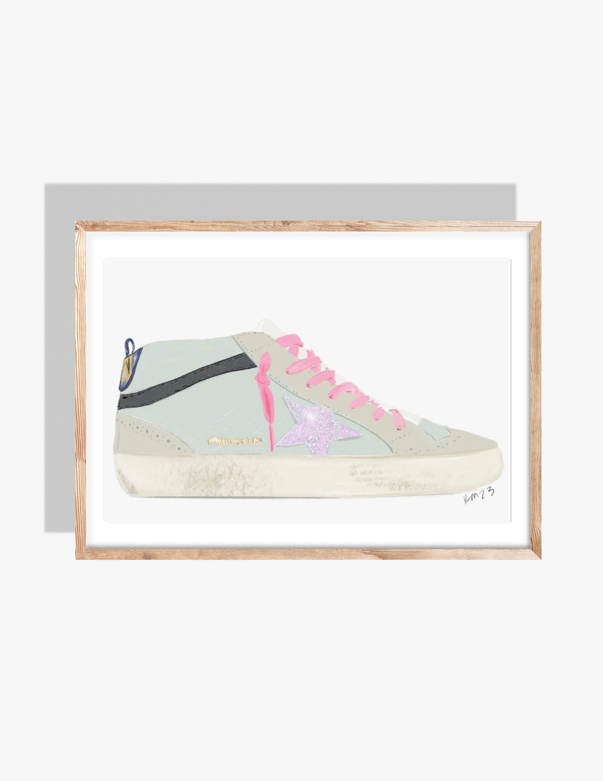Illustration of a fashion sneaker with glittery lavender star, pink laces, beige sole, and pastel accents, artwork by Rebecca Illustrated.