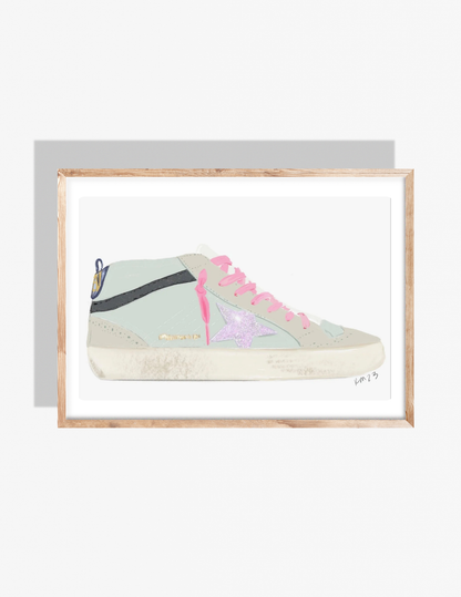 Illustration of a fashion sneaker with glittery lavender star, pink laces, beige sole, and pastel accents, artwork by Rebecca Illustrated.