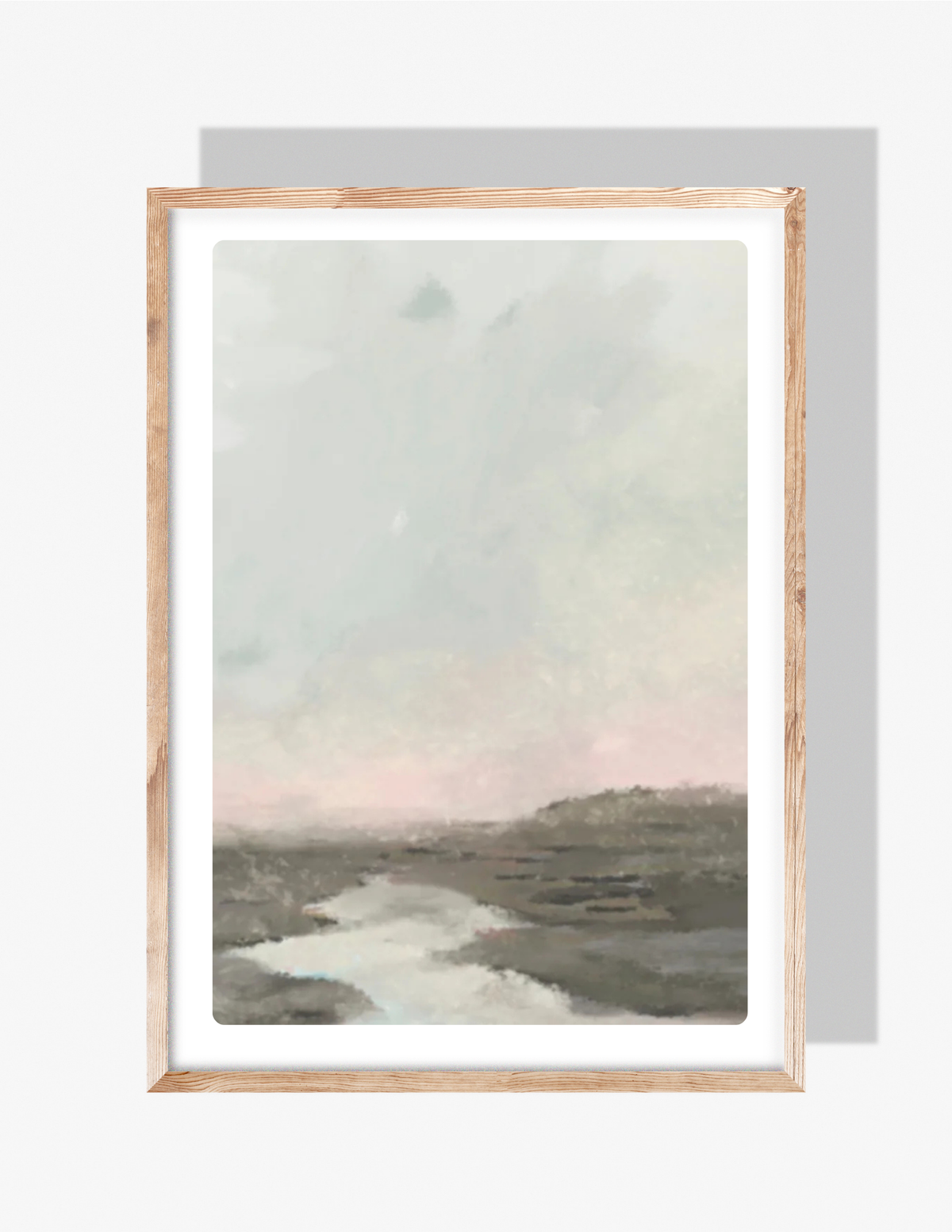 A soft, muted abstract marsh landscape illustration by Rebecca Illustrated, featuring gentle neutrals, a hazy sky, and a quiet waterway.