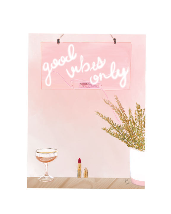 Illustrated greeting card featuring a pink “Good Vibes Only” neon sign with cocktail and lipstick details by Rebecca Illustrated