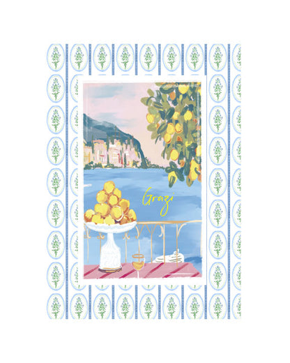 Illustrated thank-you greeting card featuring an Italian coastal view with lemons, café table, blue water, and the word “Grazie,” by Rebecca Illustrated.