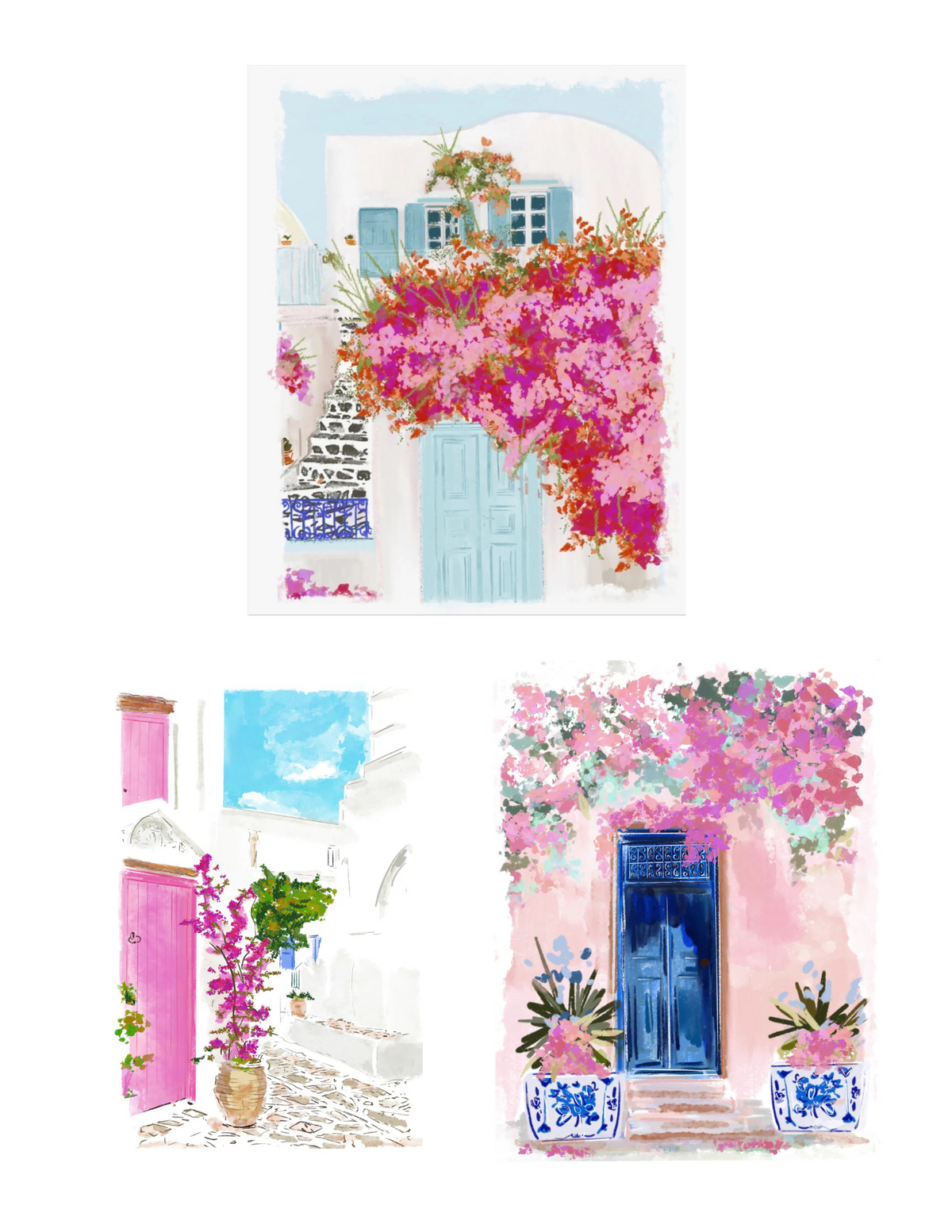 Three-piece Greece art set featuring bougainvillea-covered homes, blue doors, and Mediterranean village streets, illustrated by Rebecca Illustrated.