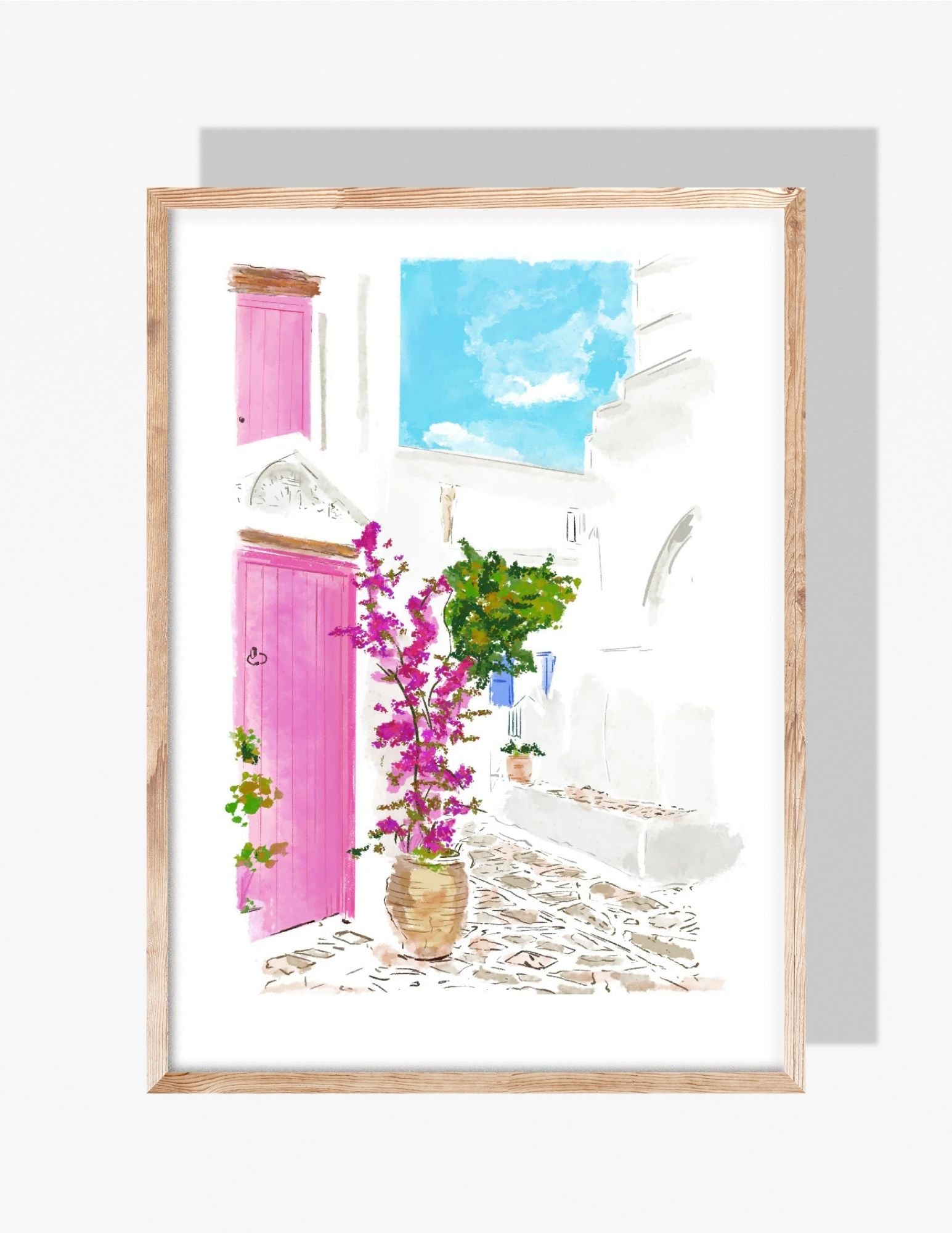 A bright watercolor-style illustration by Rebecca Illustrated depicting a Greek island street with whitewashed buildings, a pink door, potted bougainvillea, and a vivid blue sky.