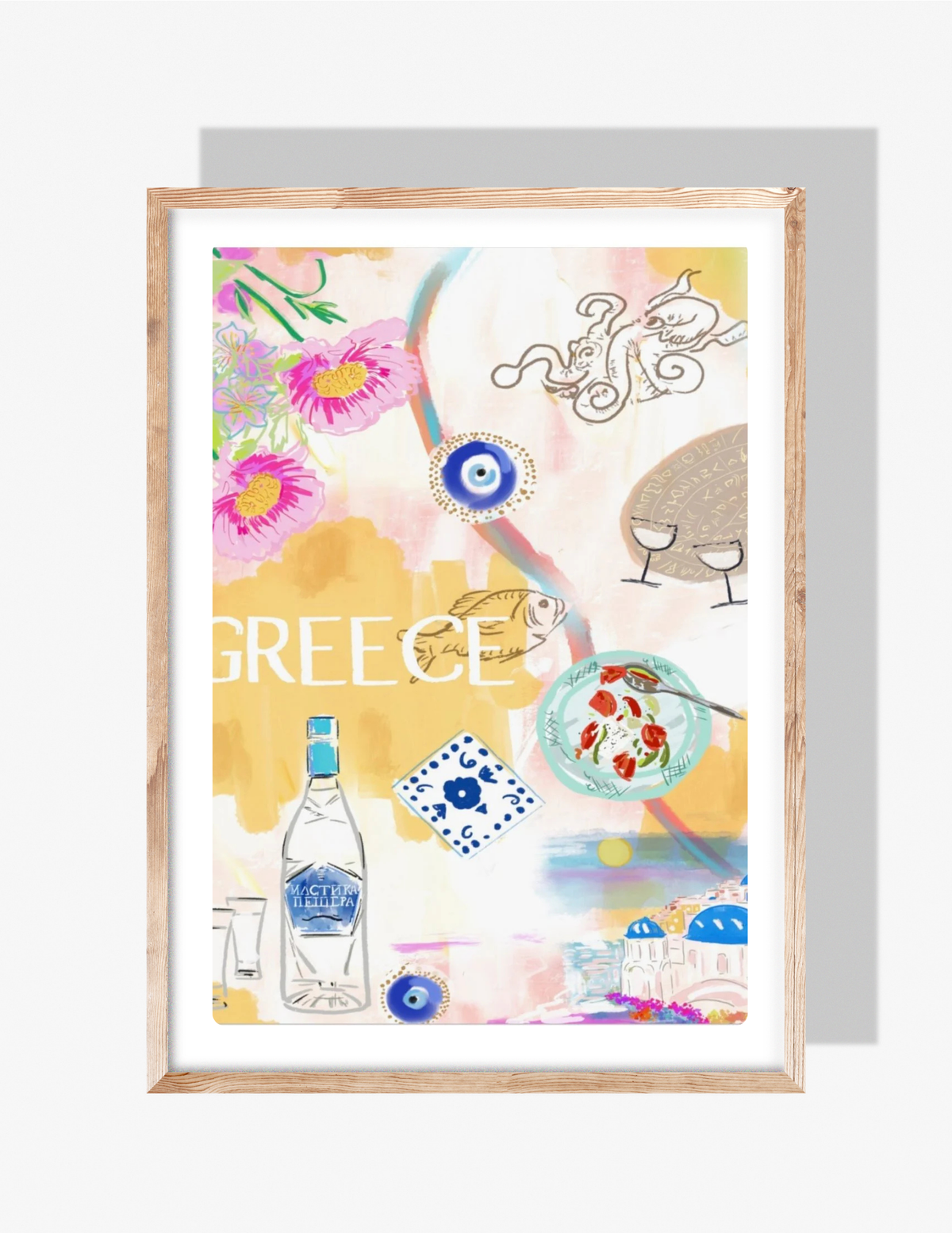 Colorful Greece-inspired illustration featuring flowers, Santorini domes, Greek food, an evil eye symbol, and travel elements, created by artist Rebecca Illustrated.