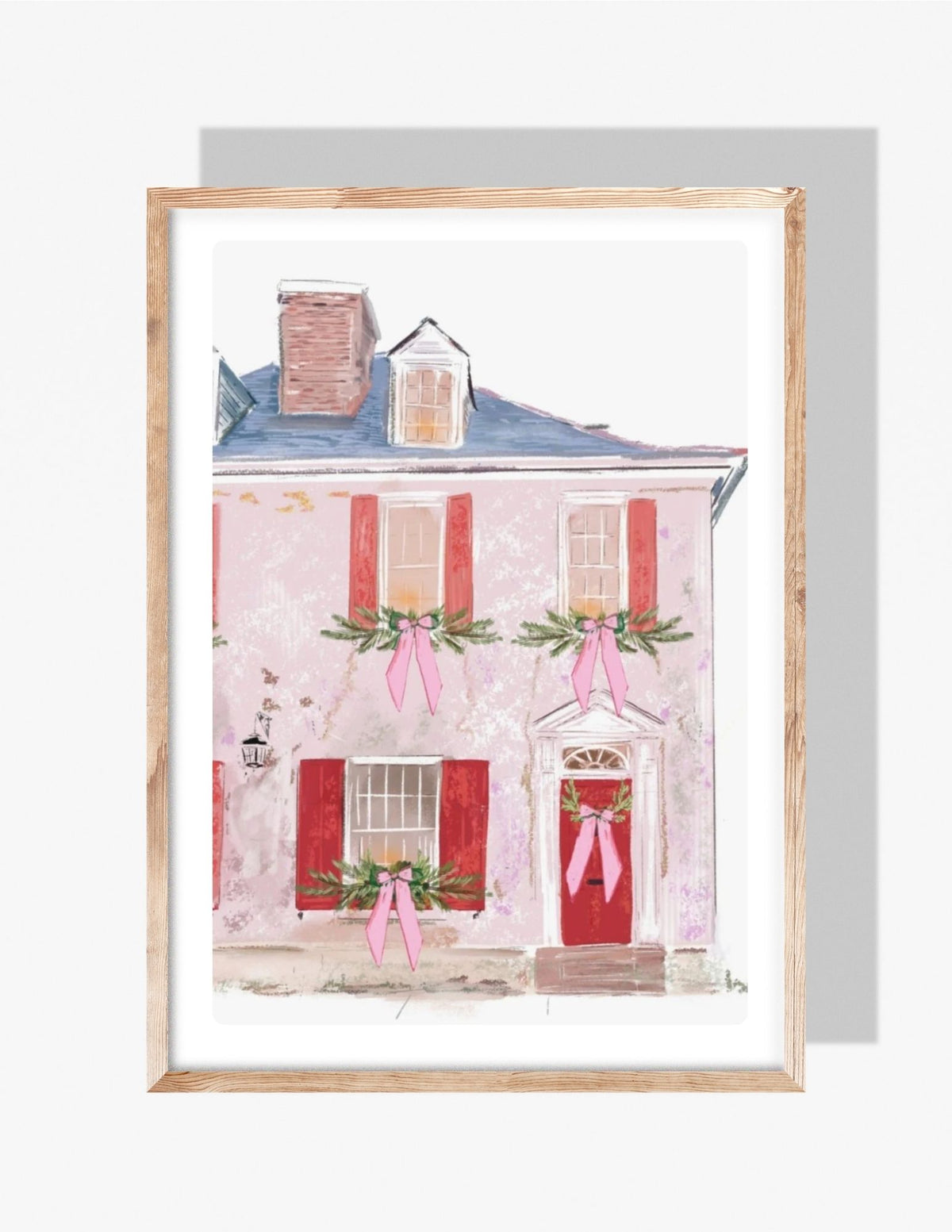 Pink Charleston-style house decorated with red shutters, garlands, and pink bows for Christmas, illustrated by Rebecca Illustrated.