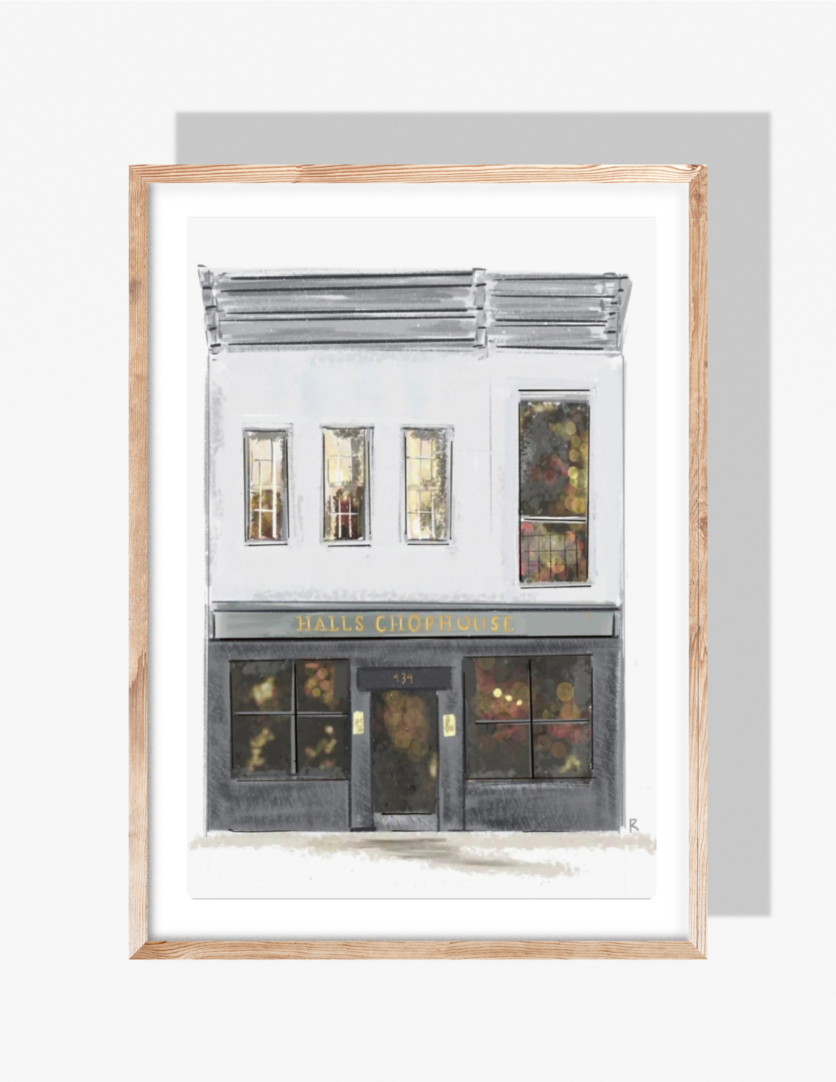 Watercolor illustration of the Halls Chophouse restaurant exterior in Charleston, SC, showing its classic white façade, black trim, and warmly lit windows, created by artist Rebecca Illustrated.