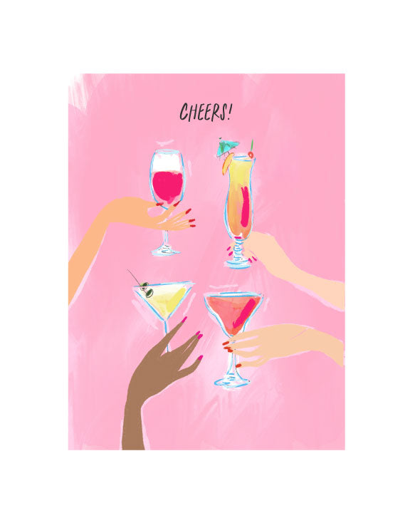 Illustrated cheers greeting card featuring hands holding cocktails with the text “Cheers!” by Rebecca Illustrated