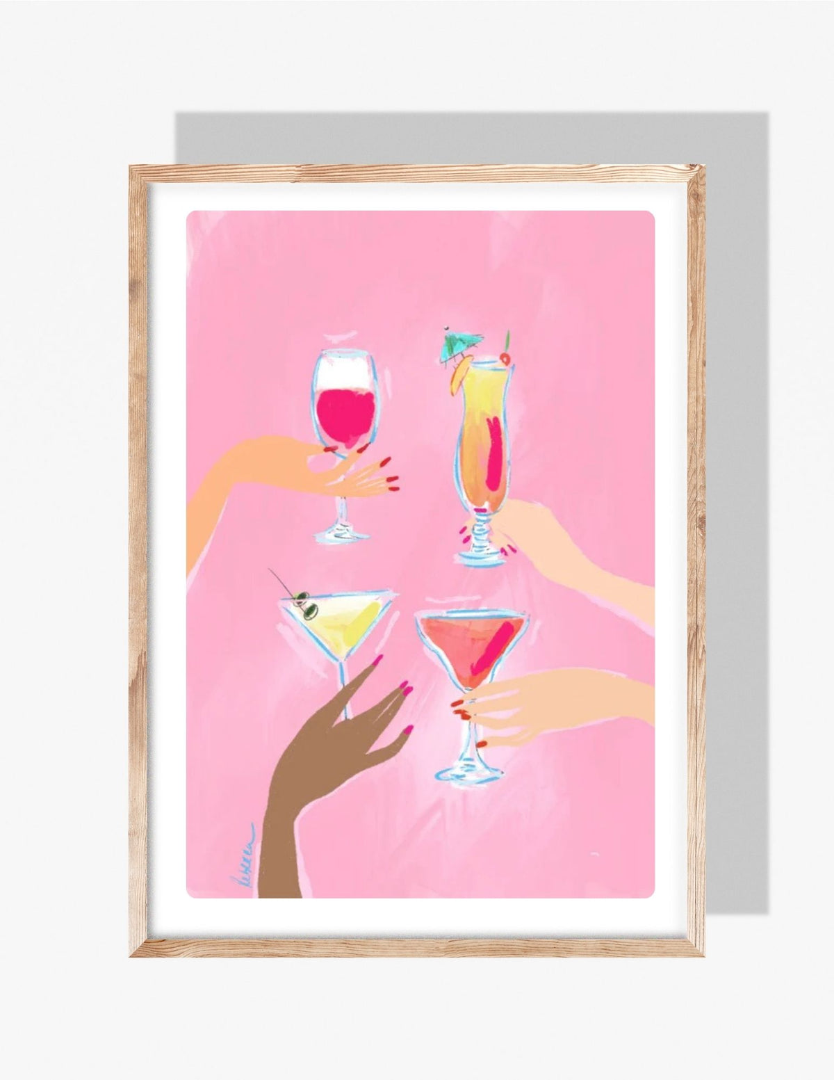 Colorful illustration of hands holding different cocktails against a bright pink background.