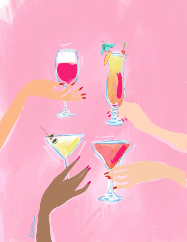 Illustration of hands holding colorful cocktails raised in a toast against a pink background, original artwork by Rebecca Illustrated on a blank greeting card.