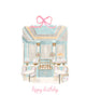 Illustrated birthday greeting card featuring a pastel blue French bakery interior with desserts, café tables, a pink bow, and “happy birthday” text, by Rebecca Illustrated.