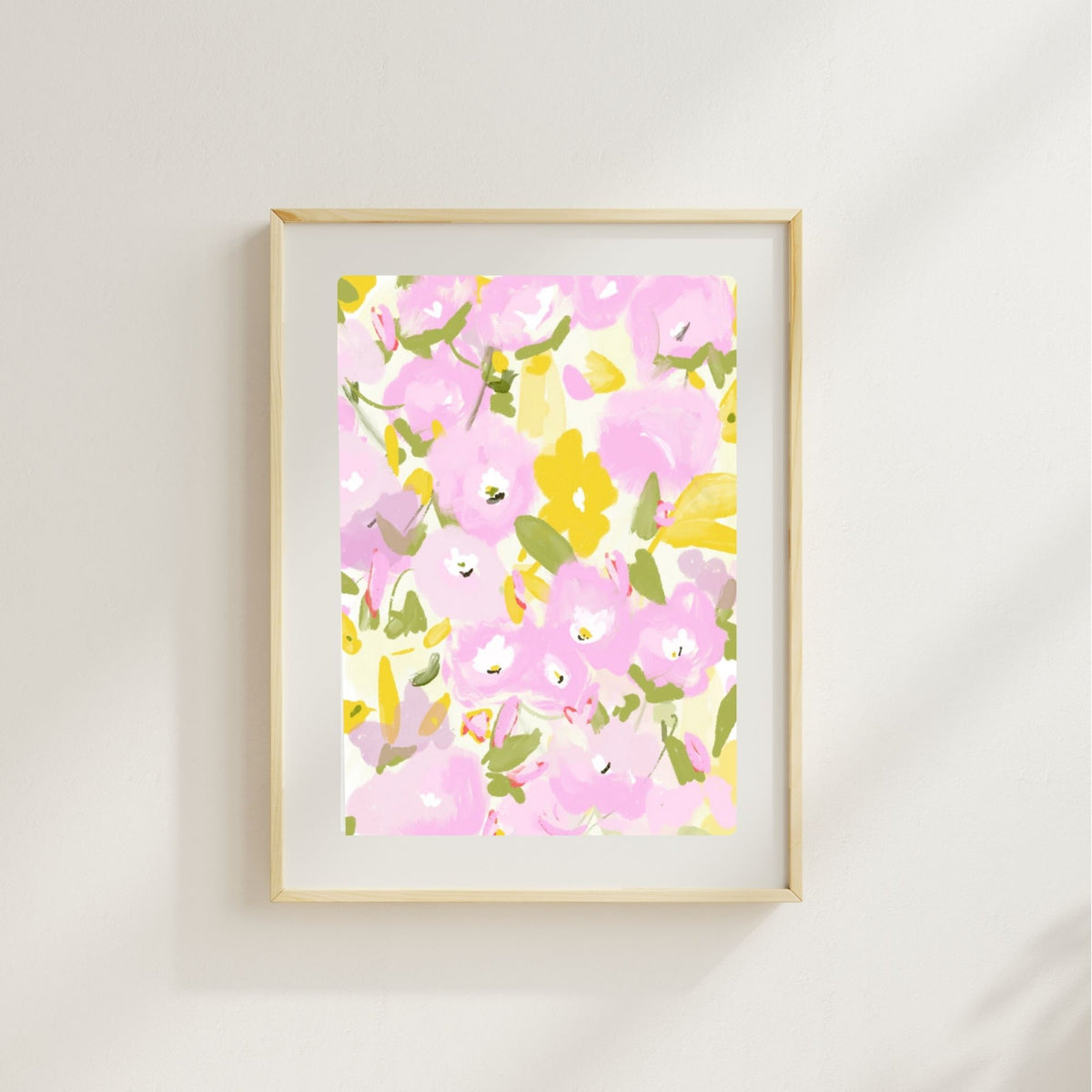 Pastel floral art print with pink, yellow, and green abstract flowers, illustrated by Rebecca Illustrated.