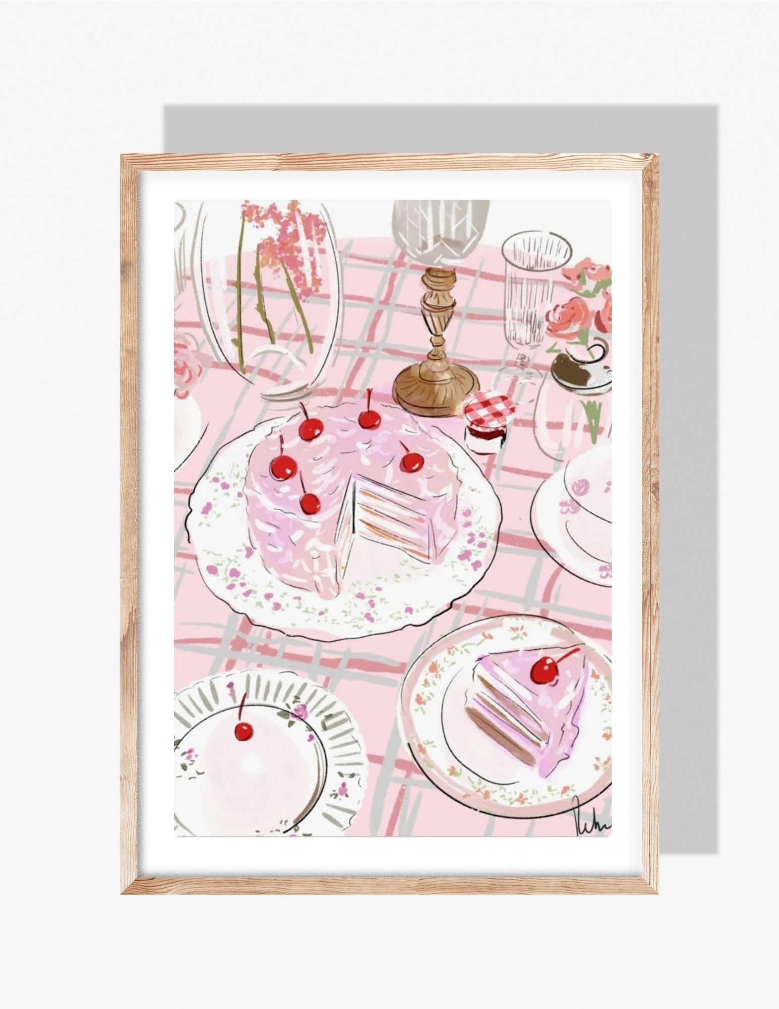 Watercolor illustration of a pink frosted layer cake topped with cherries on a floral plate, surrounded by table settings, glassware, and vintage décor on a pink checkered tablecloth by Rebecca Illustrated.