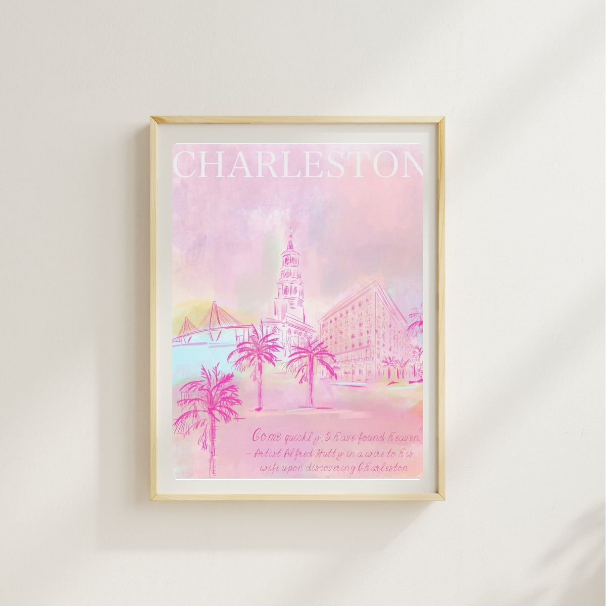 Pastel pink illustration of Charleston landmarks and palm trees with a handwritten quote, created by Rebecca Illustrated.