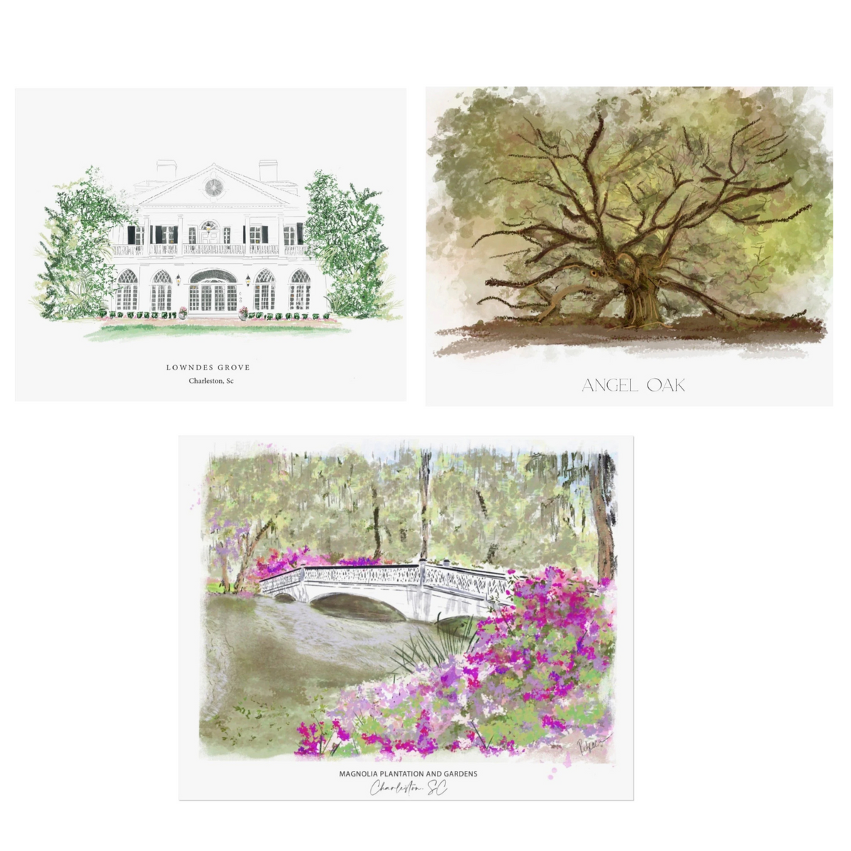 Three-piece Charleston art set featuring Lowndes Grove estate, the Angel Oak tree, and Magnolia Plantation and Gardens bridge, illustrated by Rebecca Illustrated.