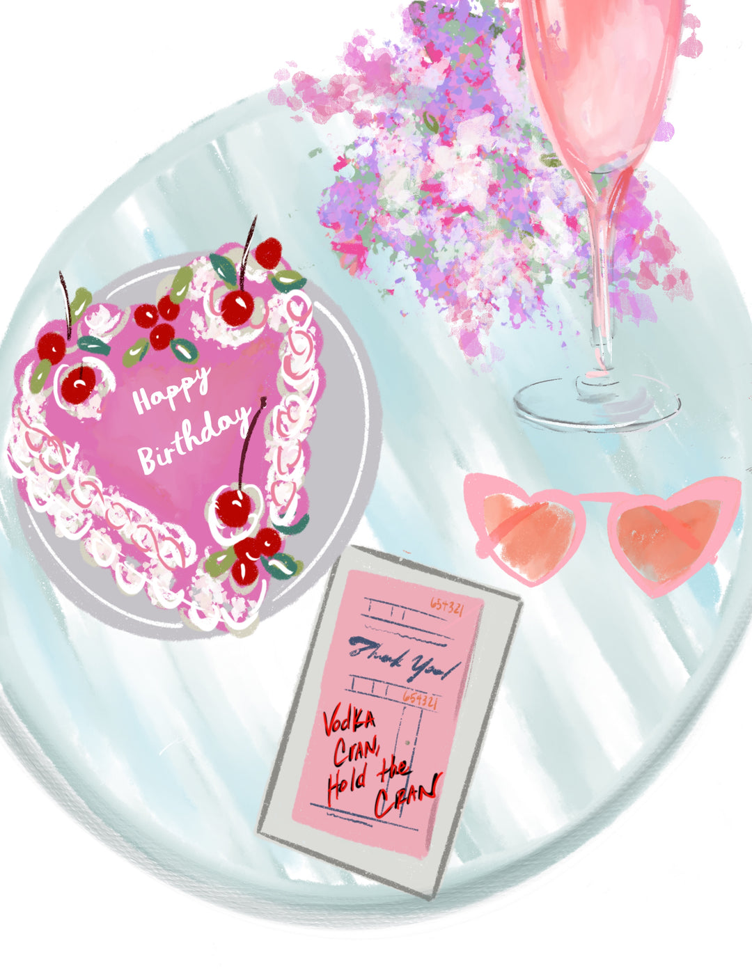 Illustration of a pink heart-shaped birthday cake with cherries, a pink cocktail, heart sunglasses, flowers, and a receipt that says ‘Vodka cran, hold the cran.’