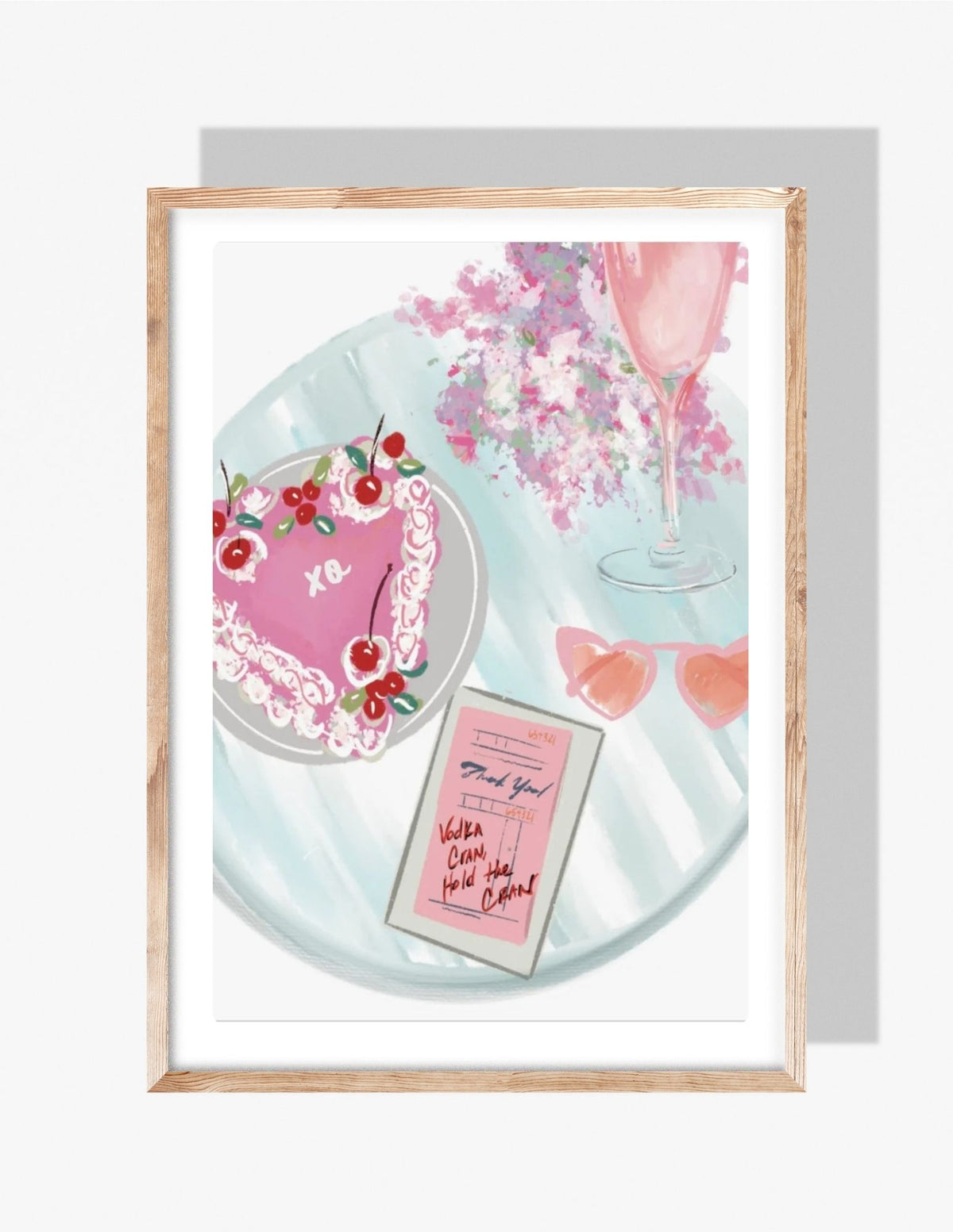 Valentine-themed art print by Rebecca Illustrated featuring a pink heart cake with cherries, a cocktail glass, flowers, sunglasses, and a handwritten “Vodka Cran, hold the cran” note.