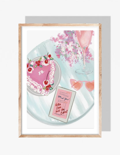 Valentine-themed art print by Rebecca Illustrated featuring a pink heart cake with cherries, a cocktail glass, flowers, sunglasses, and a handwritten “Vodka Cran, hold the cran” note.