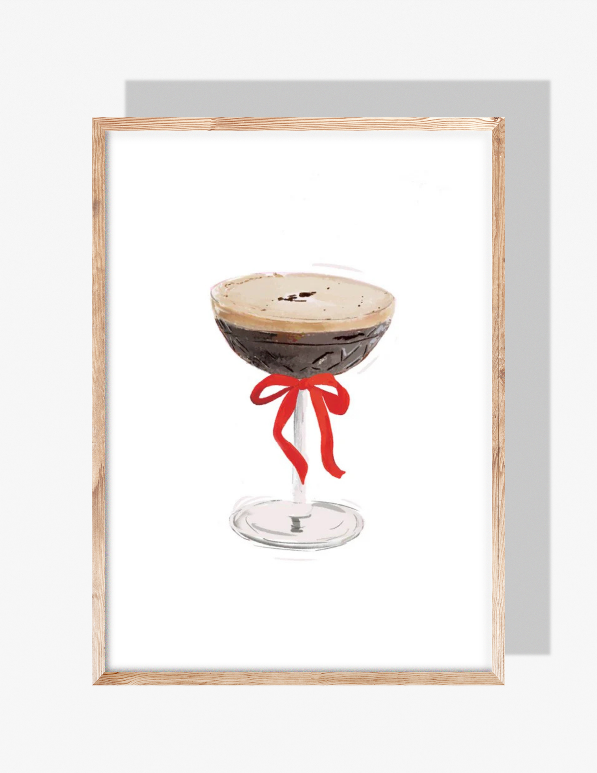 Illustration of an espresso martini in a coupe glass with a festive red bow tied around the stem, created by artist Rebecca Illustrated.