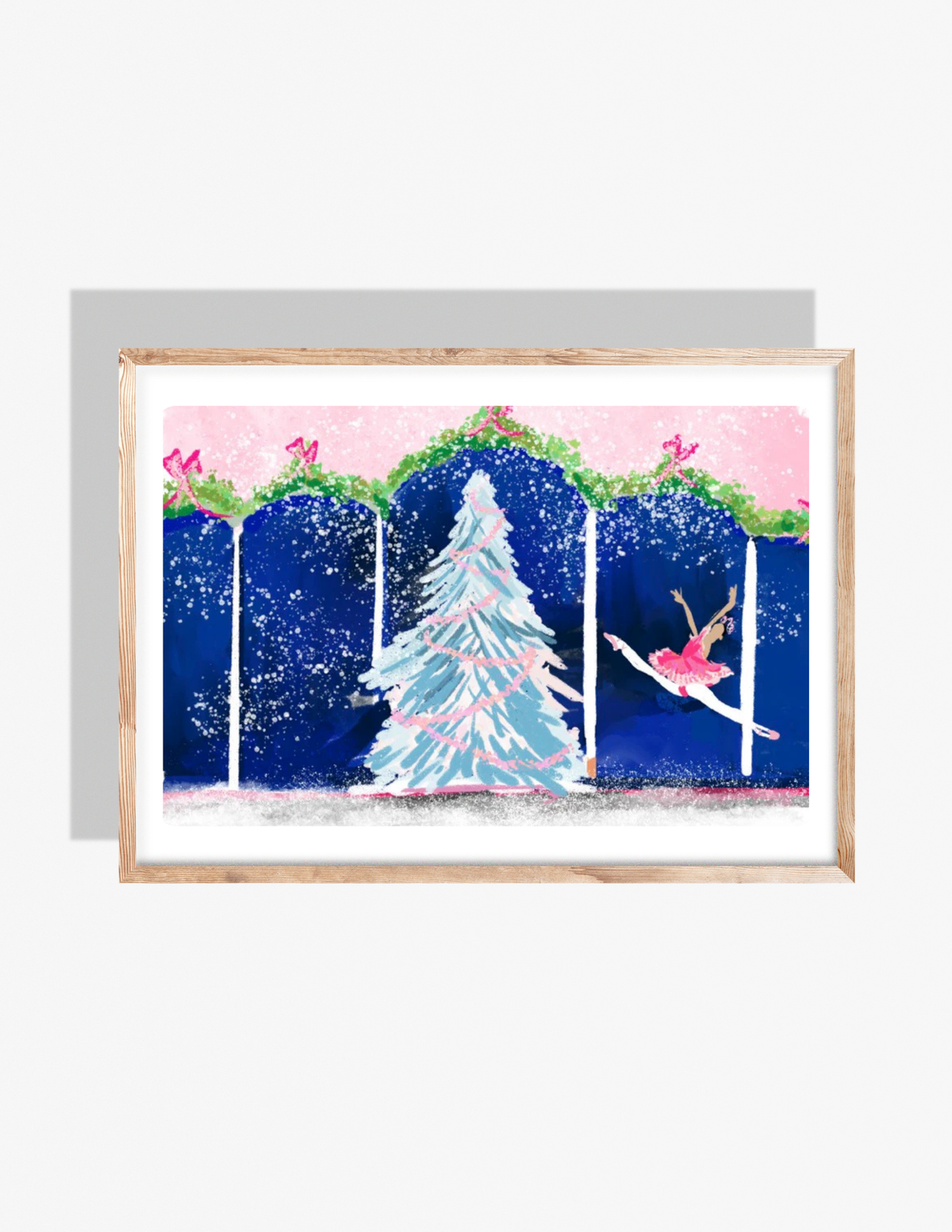 Illustration of a snowy holiday window scene with a pastel Christmas tree, garland, and a ballerina dancing.