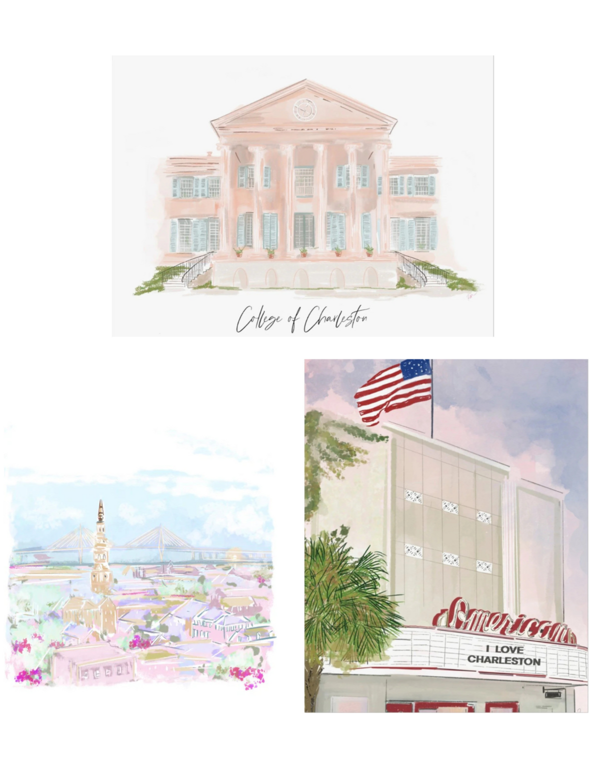 Three-piece Charleston art set featuring the College of Charleston, Charleston skyline with Ravenel Bridge, and the American Theater, illustrated by Rebecca Illustrated.