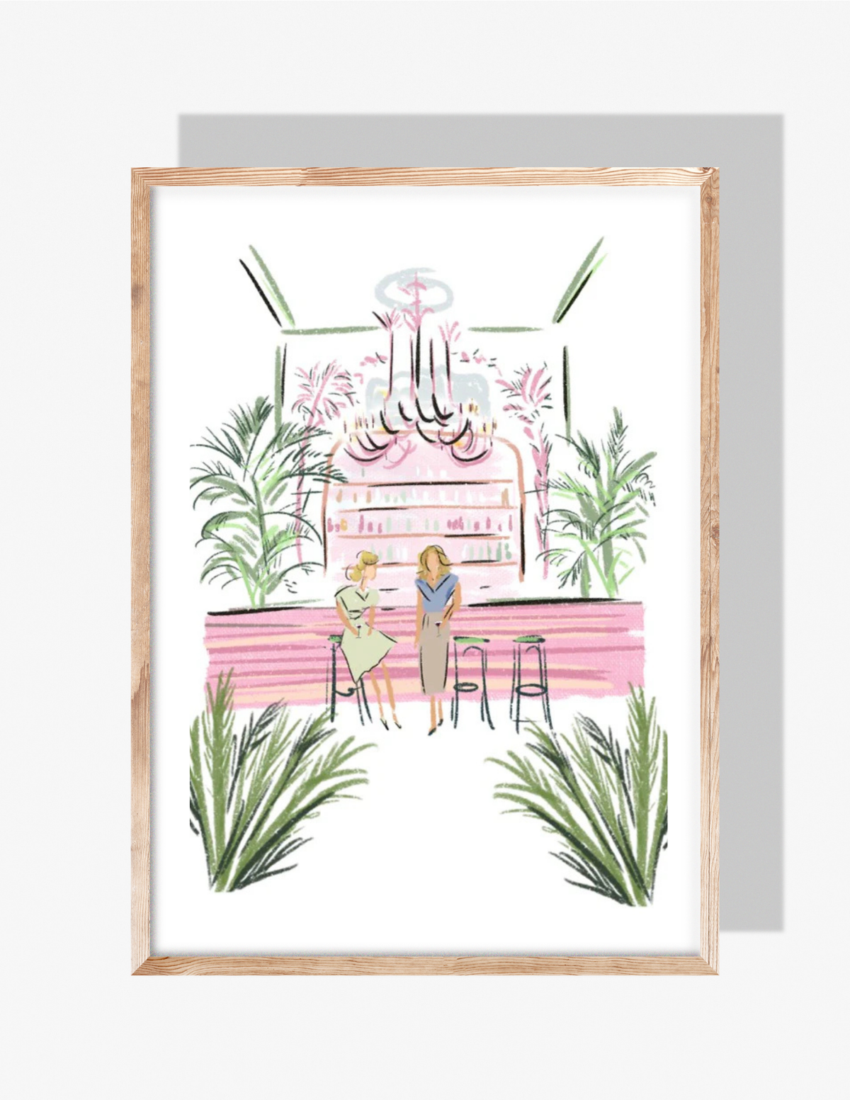 Stylish illustration of two women seated at a pink hotel bar surrounded by palm plants, painted in a modern pastel style by Rebecca Illustrated.