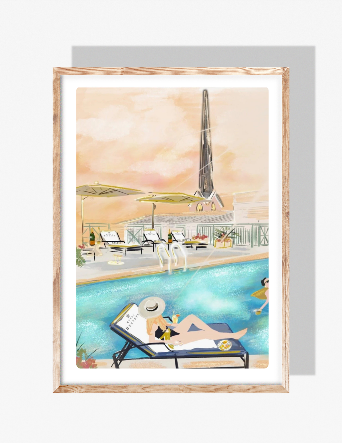 Watercolor illustration of a woman lounging by the Hotel Bennett rooftop pool at golden hour with champagne, umbrellas, and the Charleston skyline in the background, created by artist Rebecca Illustrated.