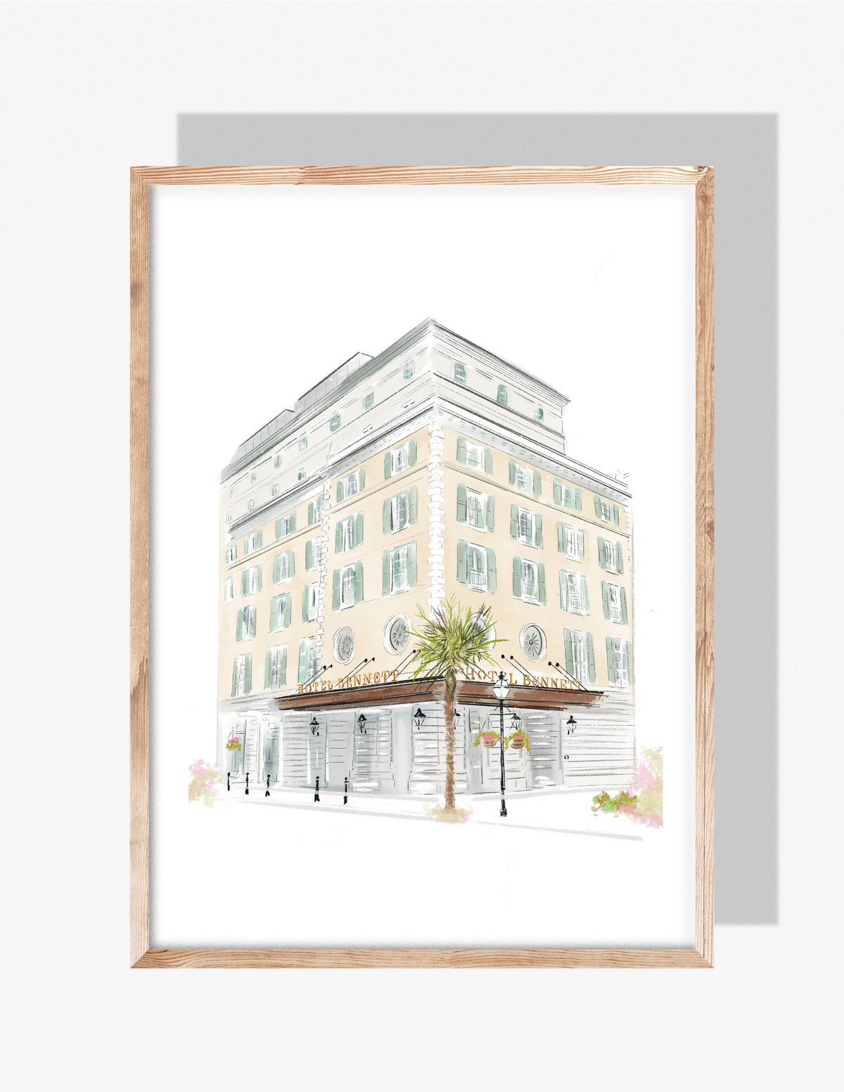 Illustration of Hotel Bennett in Charleston, SC with pastel tones, palm tree, and architectural details, artwork by Rebecca Illustrated.