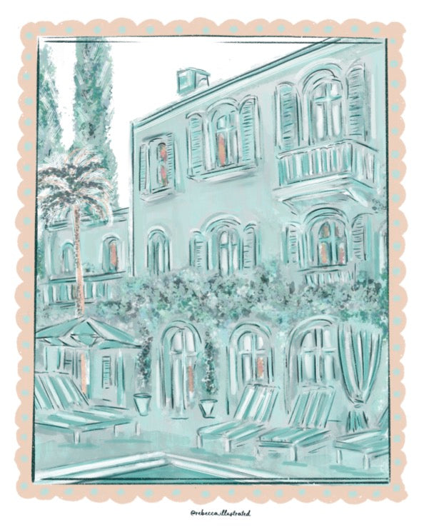 Illustrated pastel scene of a luxury Mediterranean-style hotel with poolside loungers and palm trees by Rebecca Illustrated