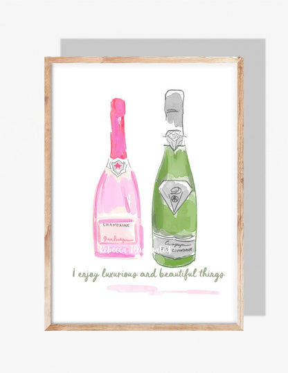 Watercolor illustration of two champagne bottles, one pink and one green, with the handwritten quote “I enjoy luxurious and beautiful things,” by artist Rebecca Illustrated.