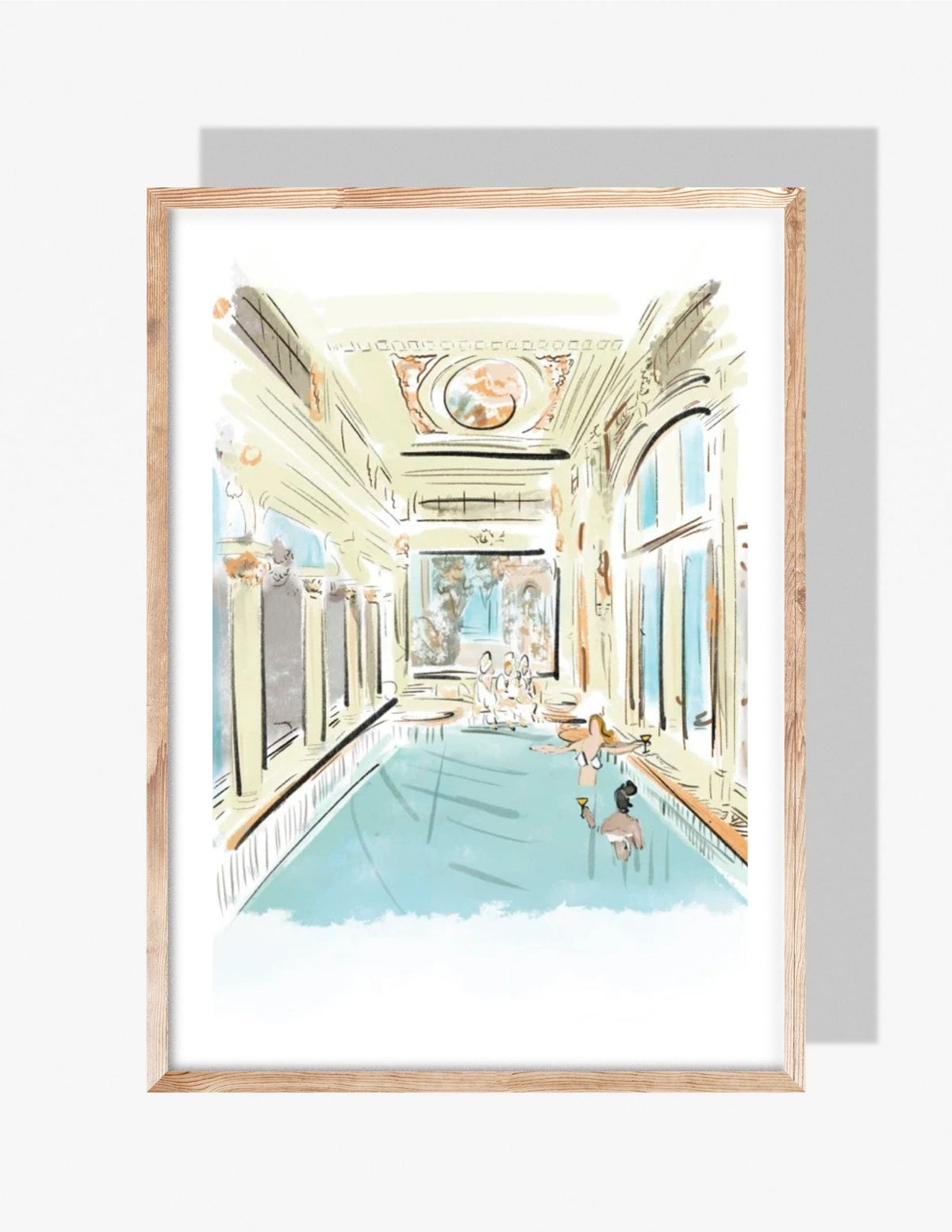 Watercolor illustration of an elegant Italian-style spa with ornate architecture and indoor pool, by Rebecca Illustrated.