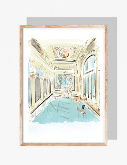 Watercolor illustration of an elegant Italian-style spa with ornate architecture and indoor pool, by Rebecca Illustrated.