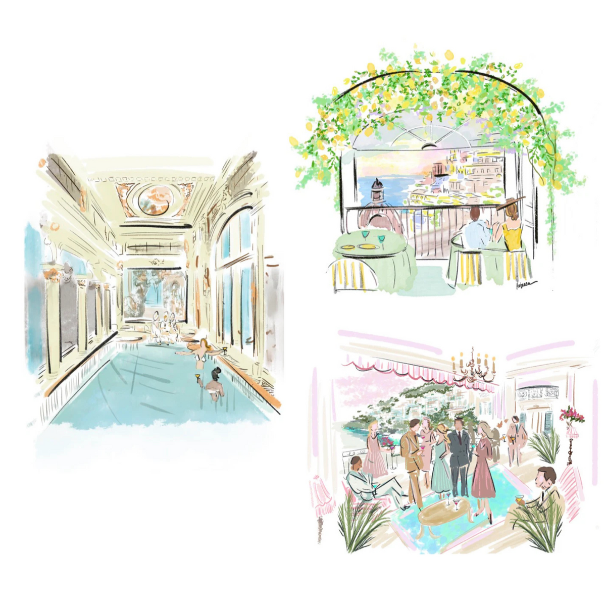 Three-piece European lifestyle art set featuring an Italian spa scene, Riviera dining illustration, and Monaco cocktail party, by Rebecca Illustrated.