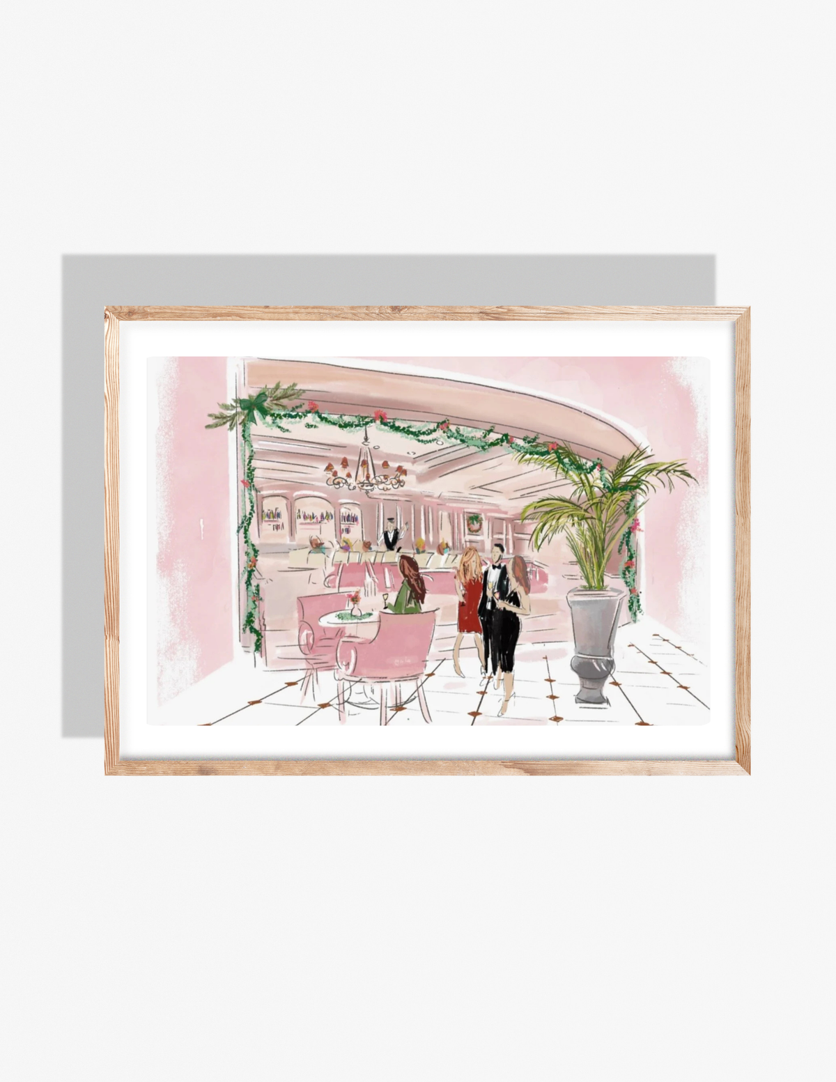 Illustration of a festive pink bar scene with holiday garlands and guests mingling, created by Rebecca Illustrated.