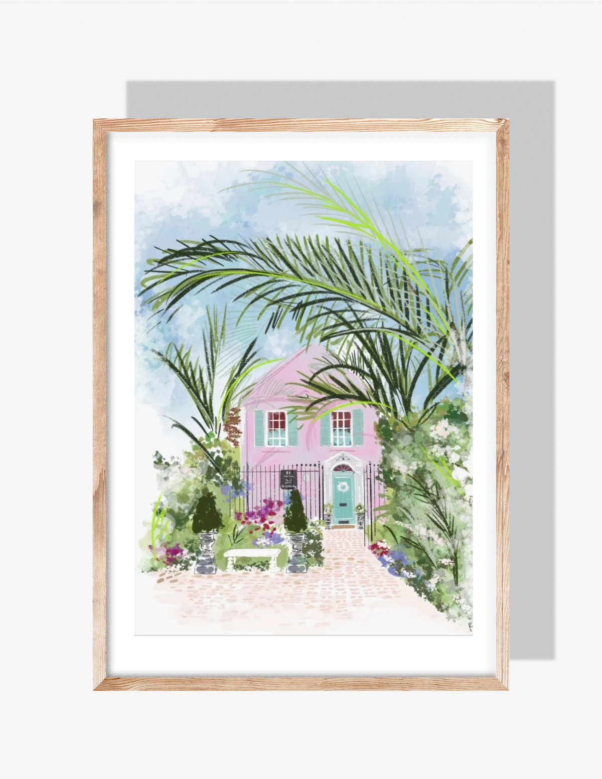 Illustration of a pastel pink house surrounded by lush tropical palms, flowers, and a brick pathway — art print by Rebecca Illustrated.