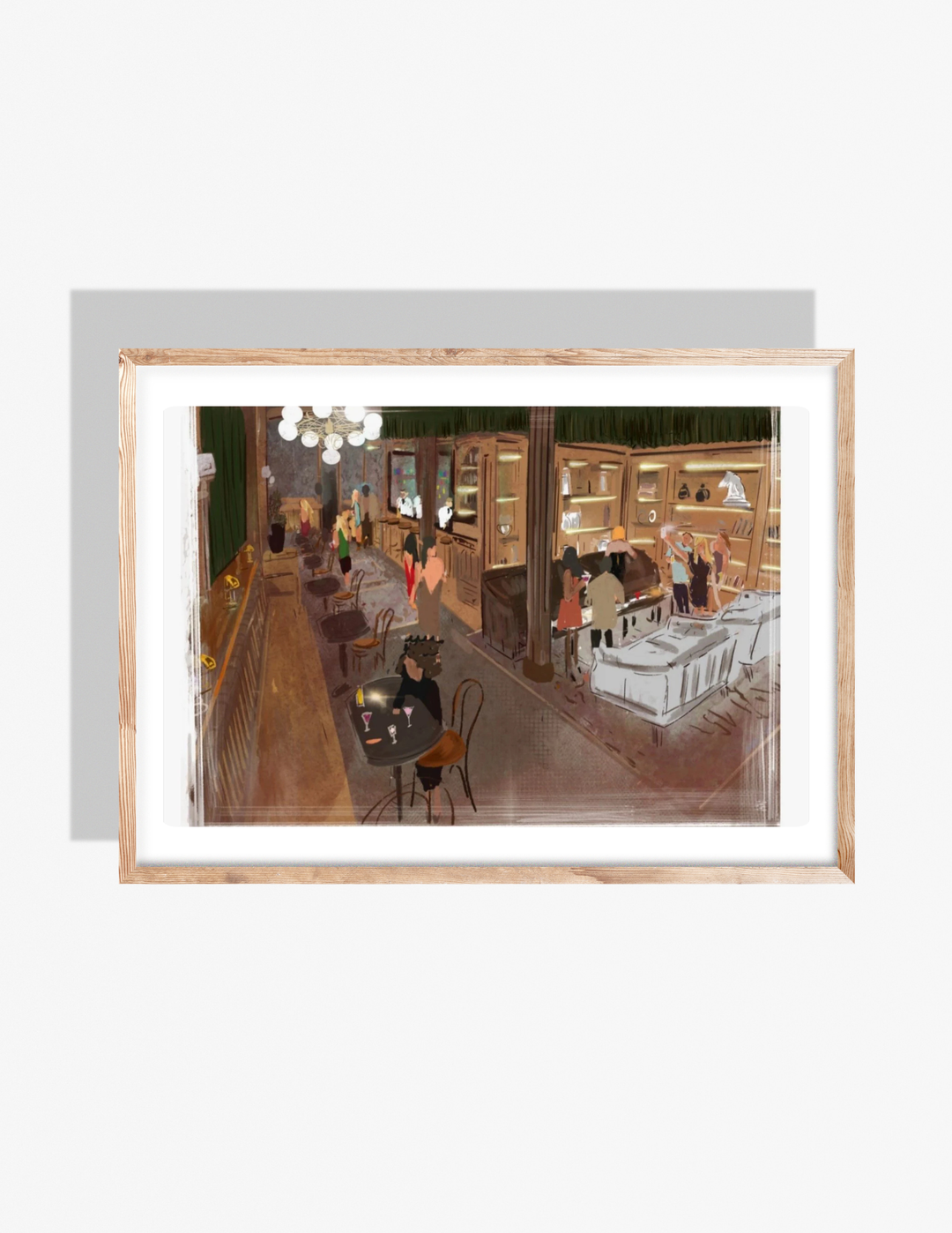 Warm, painterly illustration of Lamar’s Sporting Club in Charleston with people socializing, a bar, tables, and softly lit interior details.