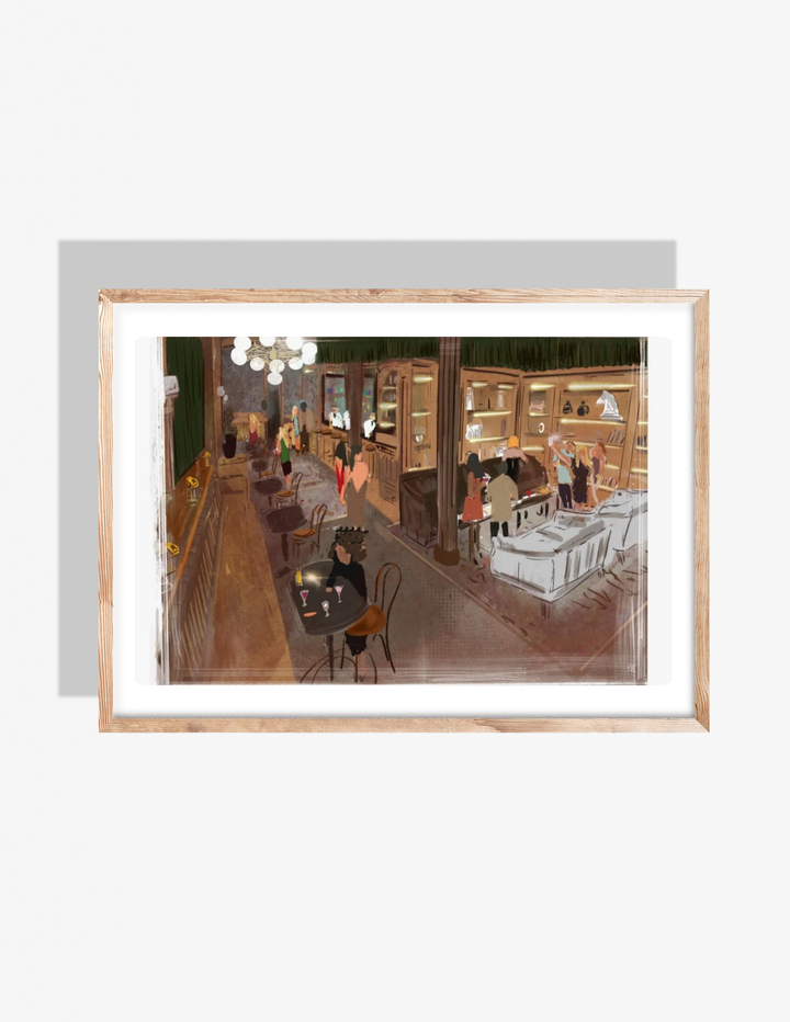 Warm, painterly illustration of Lamar’s Sporting Club in Charleston with people socializing, a bar, tables, and softly lit interior details.