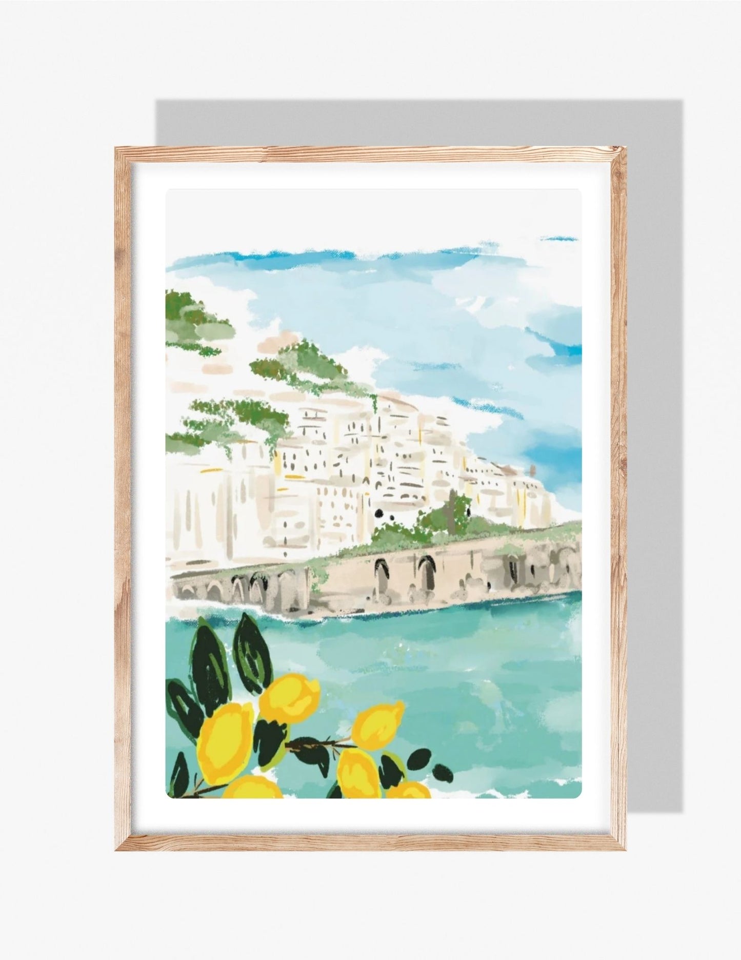 A pastel watercolor-style illustration by Rebecca Illustrated of an Amalfi Coast cliffside town overlooking turquoise water, with bright yellow lemons in the foreground.