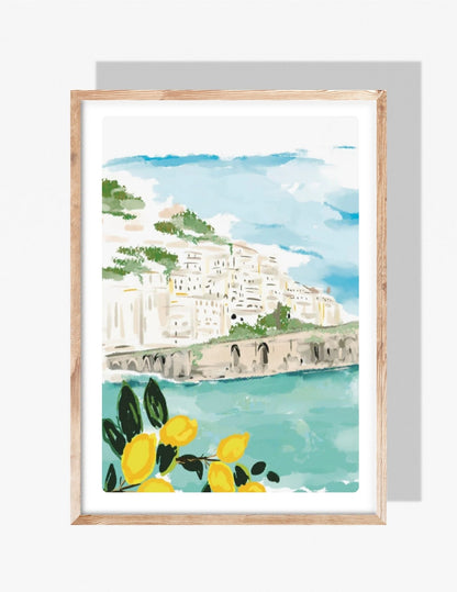 A pastel watercolor-style illustration by Rebecca Illustrated of an Amalfi Coast cliffside town overlooking turquoise water, with bright yellow lemons in the foreground.