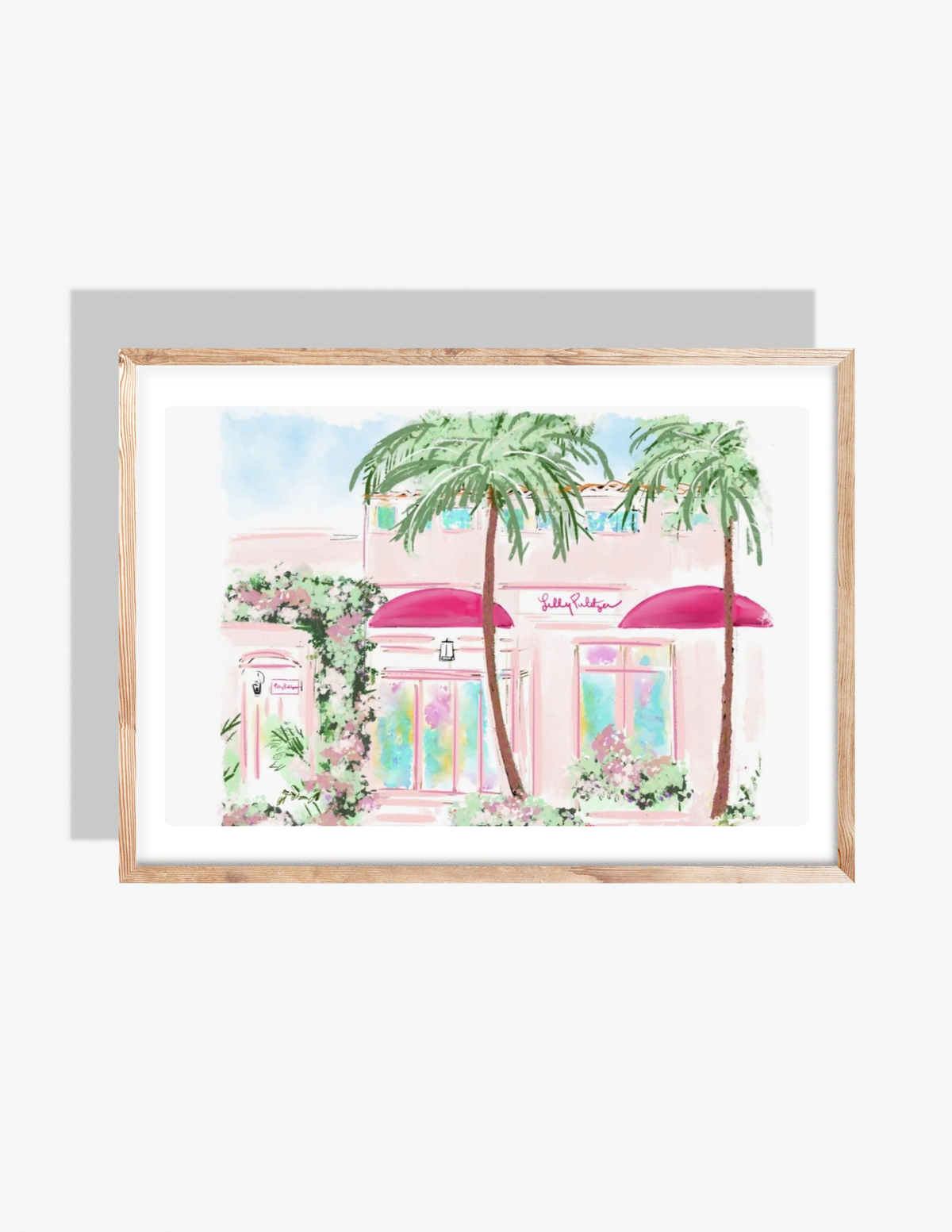 Illustration of a pink Lilly Pulitzer storefront with bright awnings, palm trees, and floral details by Rebecca Illustrated.