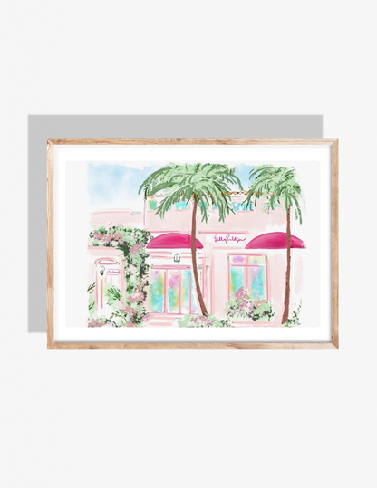 Illustration of a pink Lilly Pulitzer storefront with bright awnings, palm trees, and floral details by Rebecca Illustrated.