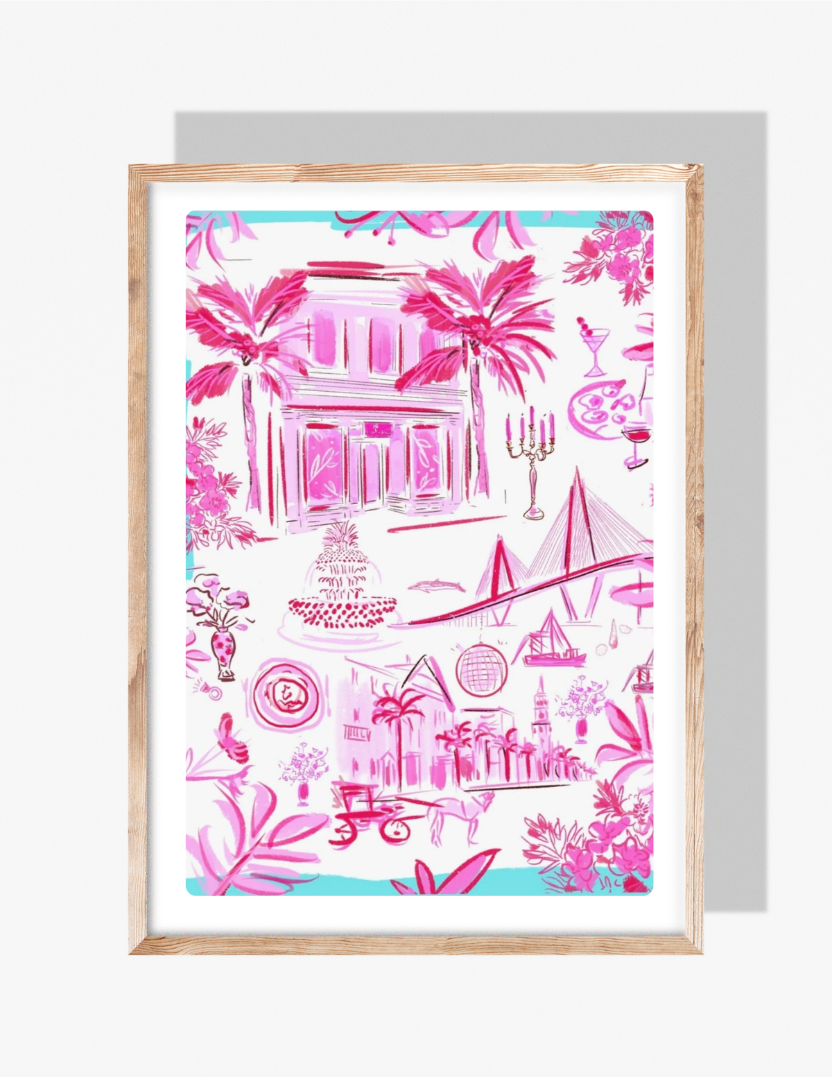 Pink and turquoise Charleston toile illustration featuring iconic city landmarks, palm trees, bridges, and whimsical details, artwork by Rebecca Illustrated.