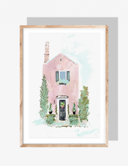 Watercolor illustration of a pastel pink Charleston-style house with greenery, a black front door, and a wreath, created by Rebecca Illustrated.