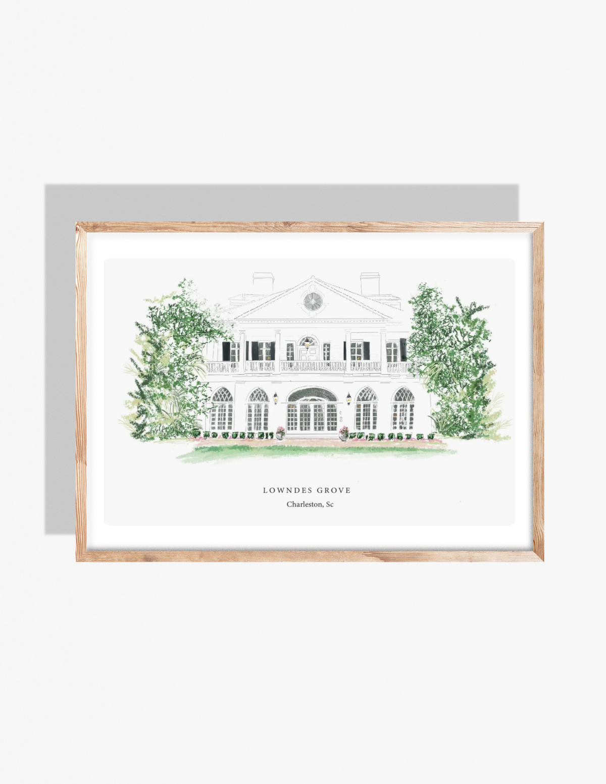 Illustration of the historic Lowndes Grove estate in Charleston, SC, surrounded by greenery, drawn by artist Rebecca Illustrated.