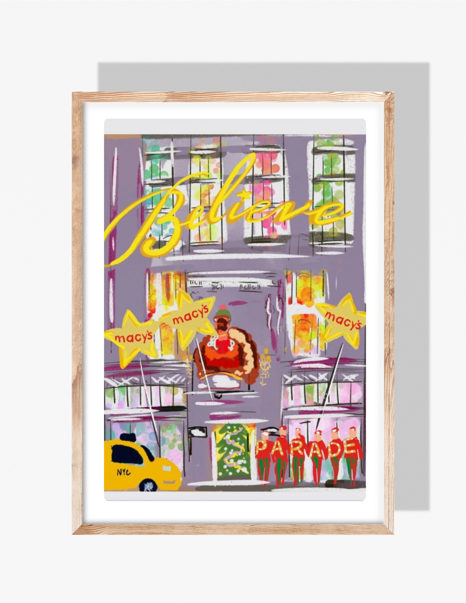 A colorful illustration by Rebecca Illustrated of the Macy’s holiday parade in New York City, featuring the “Believe” sign, parade performers, a NYC taxi, festive windows, and Macy’s star decorations.