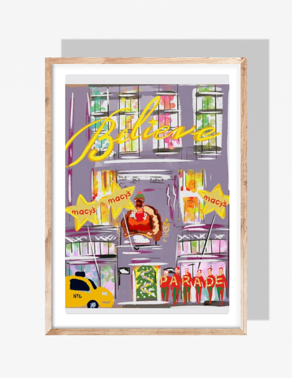 A colorful illustration by Rebecca Illustrated of the Macy’s holiday parade in New York City, featuring the “Believe” sign, parade performers, a NYC taxi, festive windows, and Macy’s star decorations.