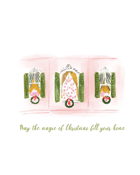 Christmas greeting card with illustrated windows decorated with wreaths and Christmas trees and the text “May the magic of Christmas fill your home,” blank interior