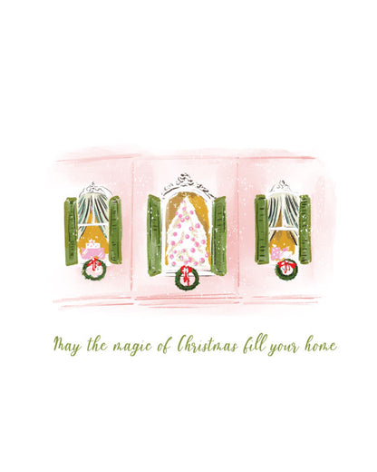 Christmas greeting card with illustrated windows decorated with wreaths and Christmas trees and the text “May the magic of Christmas fill your home,” blank interior
