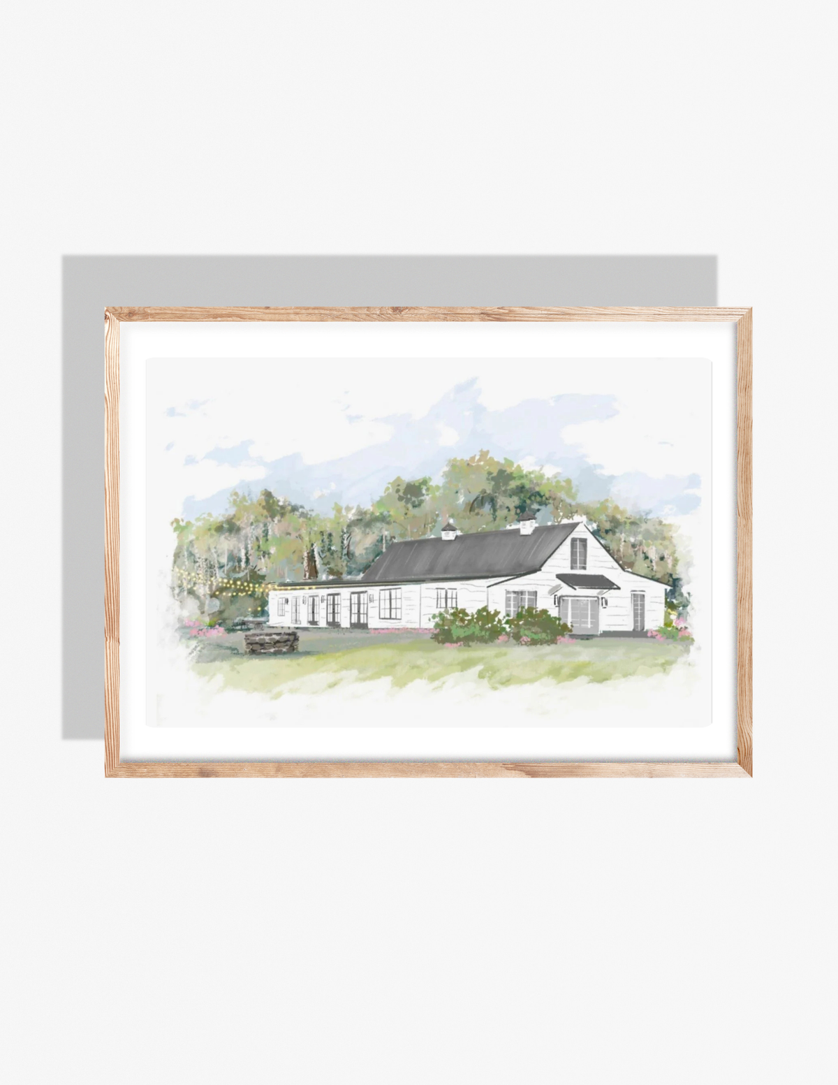 Watercolor-style art print of the Magnolia Carriage House with surrounding trees and gardens, illustrated by Rebecca Illustrated.