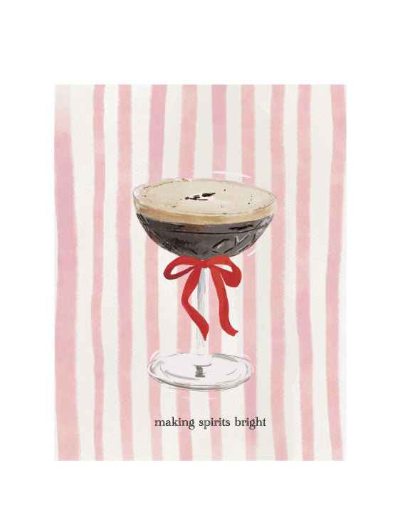 Christmas greeting card with an illustrated cocktail glass tied with a red bow on pink striped background and the text “making spirits bright,” blank interior