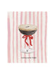Christmas greeting card with an illustrated cocktail glass tied with a red bow on pink striped background and the text “making spirits bright,” blank interior